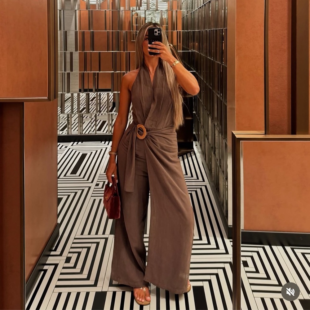 Zara Halter Ramie Long Jumpsuit